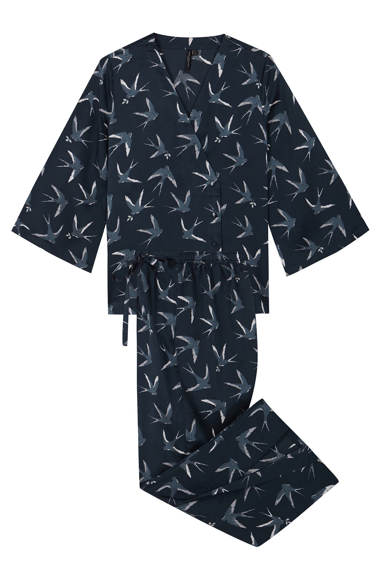 Long Satin Pajamas Bird Print_08