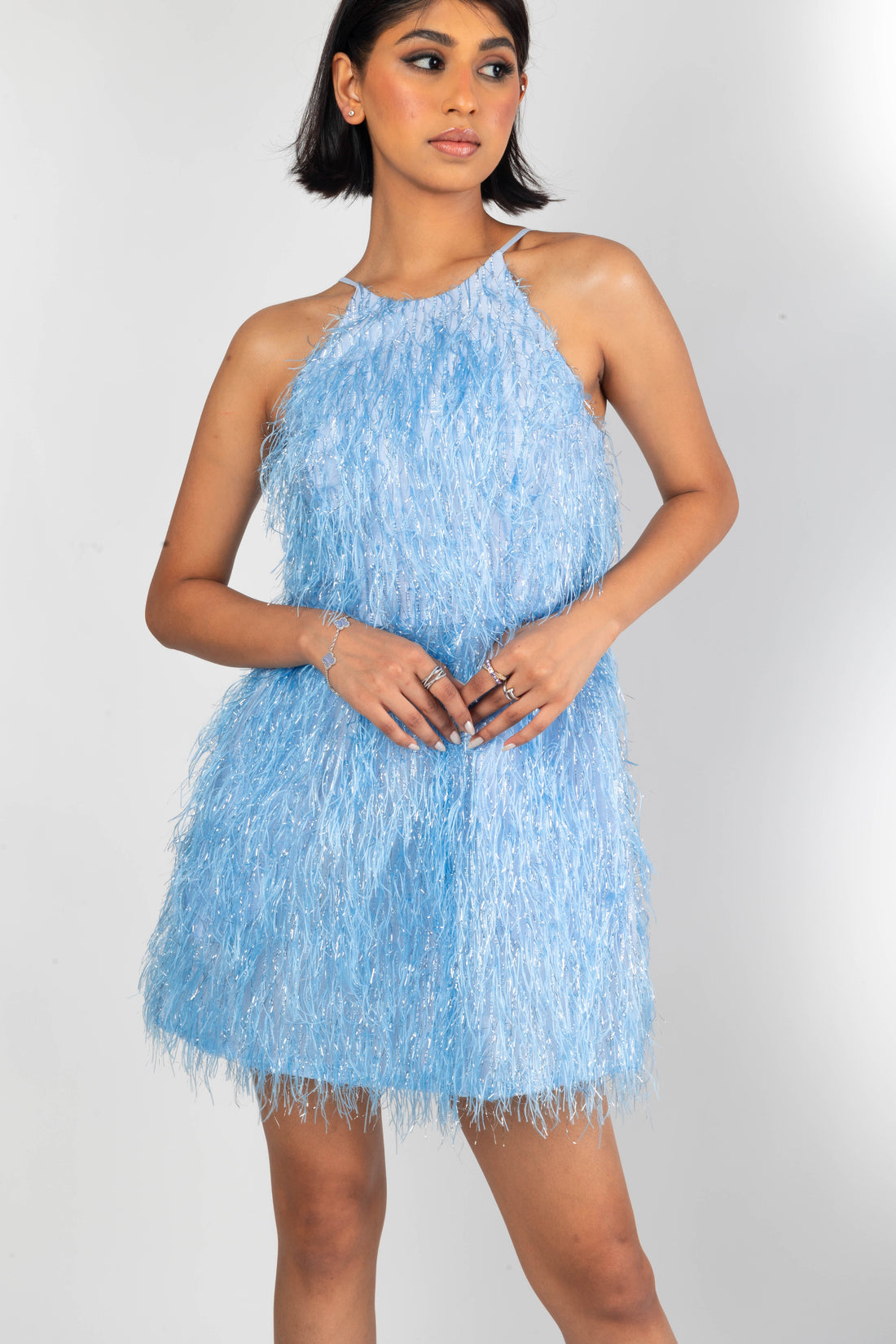 Blue Sleeveless Feather Mini Dress