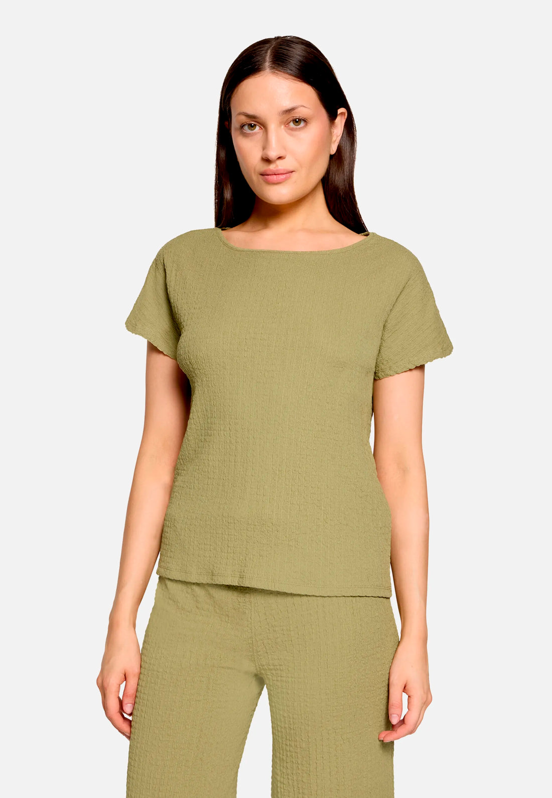 Betty Barclay Soft Olive Women Textured Shirt with Boat Neck SKU: 2748-1821_7366 Image 01