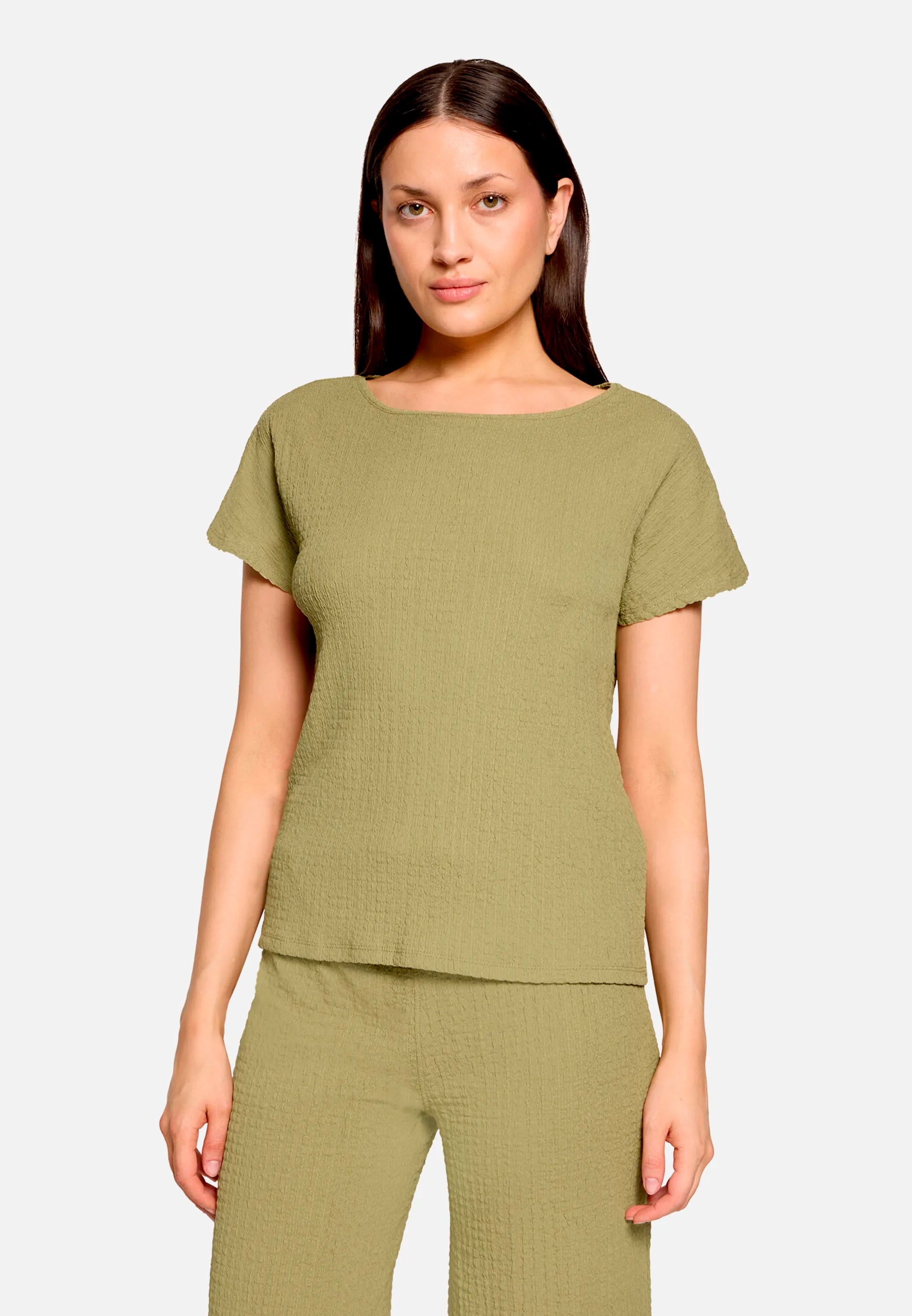 Betty Barclay Soft Olive Women Textured Shirt with Boat Neck SKU: 2748-1821_7366 Image 01