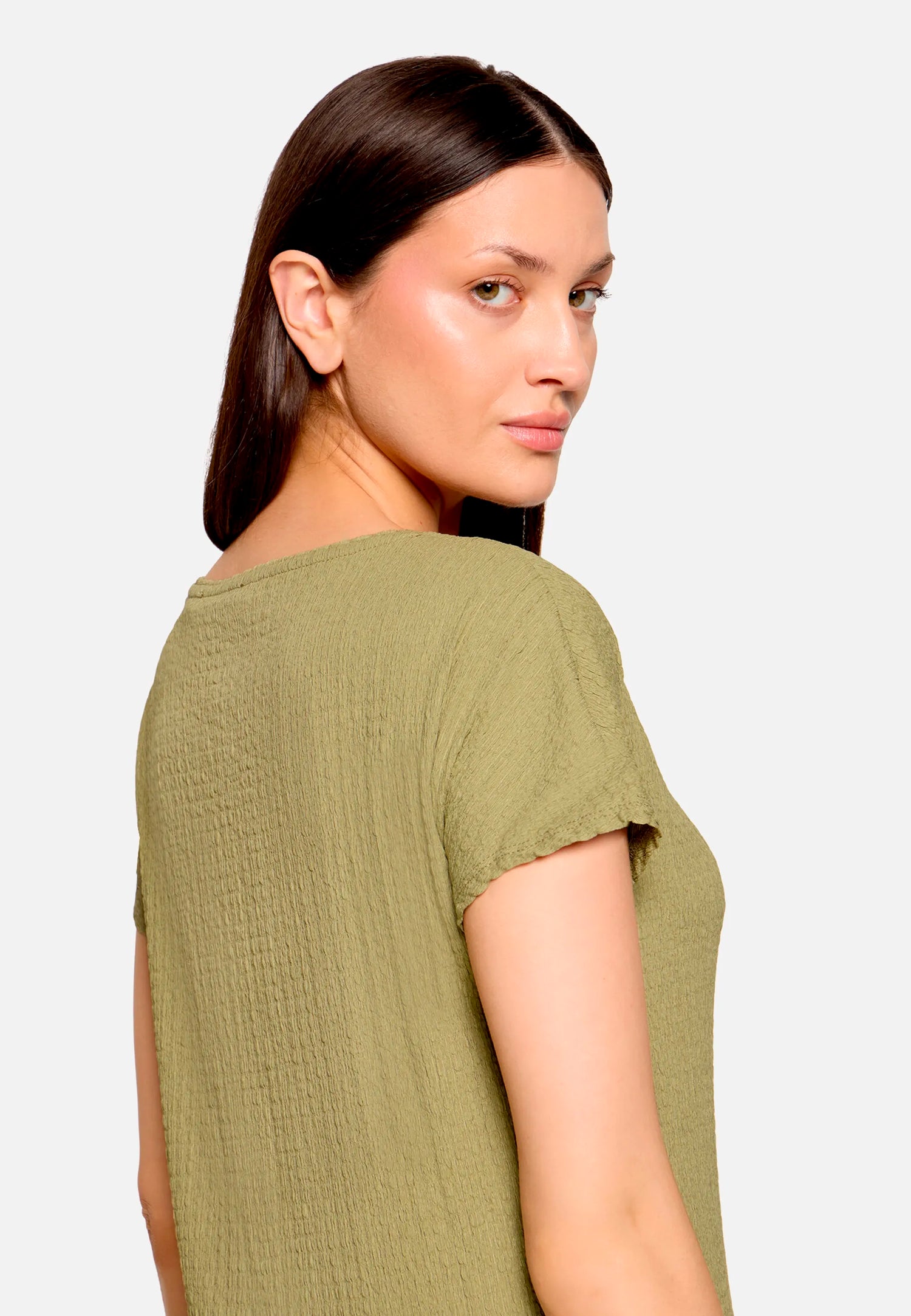 Betty Barclay Soft Olive Women Textured Shirt with Boat Neck SKU: 2748-1821_7366 Image 07