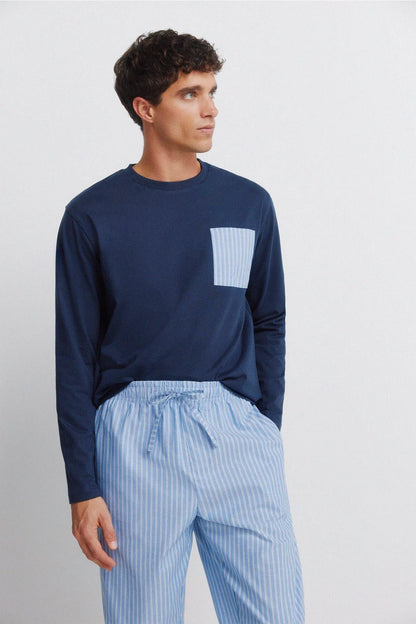 Springfield Blue Men Striped Long Pyjamas SKU: 2923631_11 Image 04