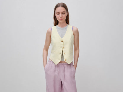Benetton Yellow Women 100% Linen Vest SKU: 2AGHDJ014_198 Image 01