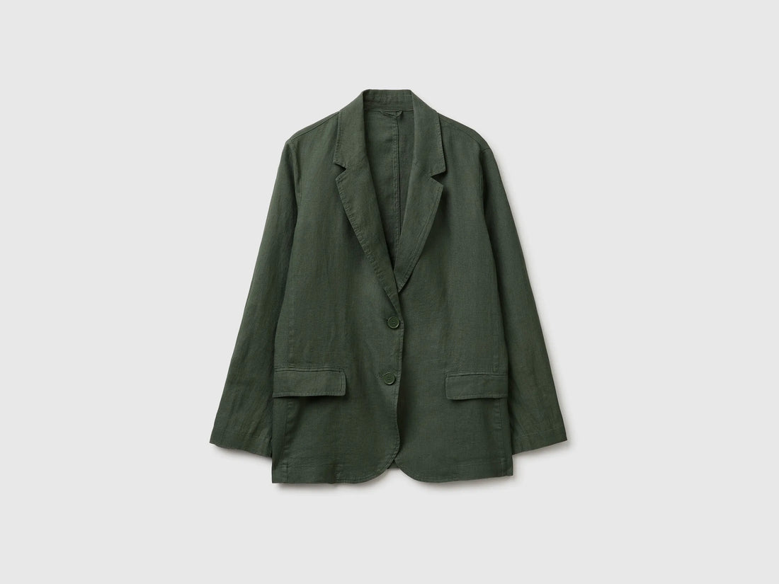 Benetton Military Green Women Blazer in Pure Linen SKU: 2AGHDW00R_20W Image 01