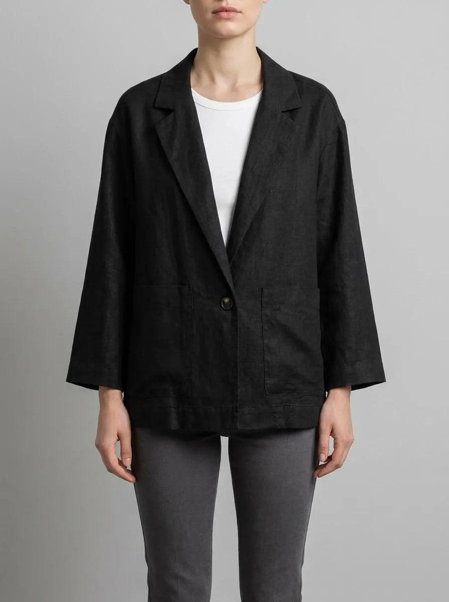 Benetton Black Women 100% Linen Single-Breasted Blazer SKU: 2AGHDW03J_100 Image 00