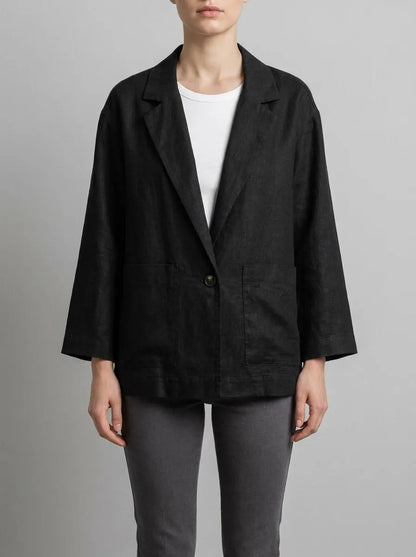 Benetton Black Women 100% Linen Single-Breasted Blazer SKU: 2AGHDW03J_100 Image 00