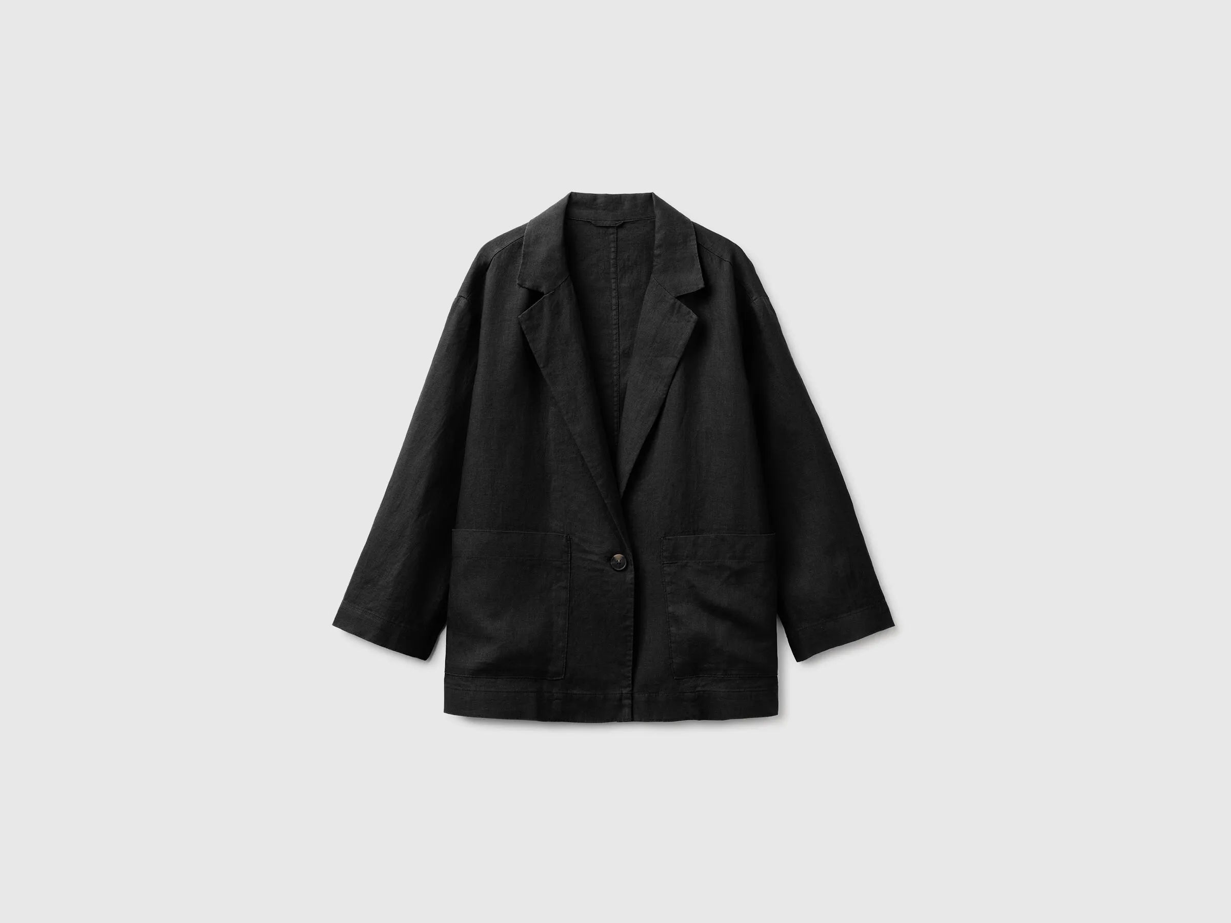 Benetton Black Women 100% Linen Single-Breasted Blazer SKU: 2AGHDW03J_100 Image 01