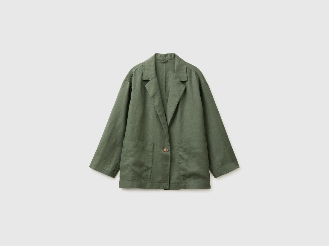 Benetton Military green Women 100% Linen Single-Breasted Blazer SKU: 2AGHDW03J_20W Image 01