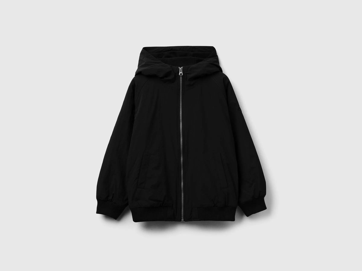 Benetton Black Boys Nylon Jacket with Hood SKU: 2IGGCN06J_100 Image 01