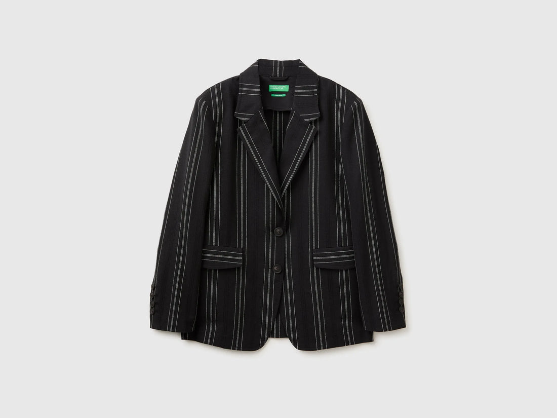 Benetton Black Women Striped Linen Blend Blazer SKU: 2K9FDW03Q_903 Image 01