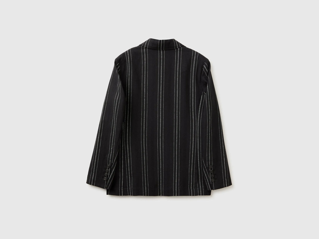 Benetton Black Women Striped Linen Blend Blazer SKU: 2K9FDW03Q_903 Image 02