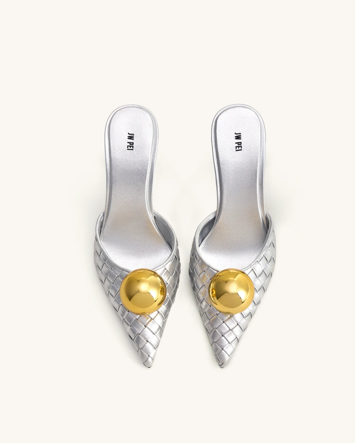 JW PEI Silver &amp; Gold  Sofia Woven Sphere Heel Mules  SKU: 2MS83-9_Silver &amp; Gold Image 01
