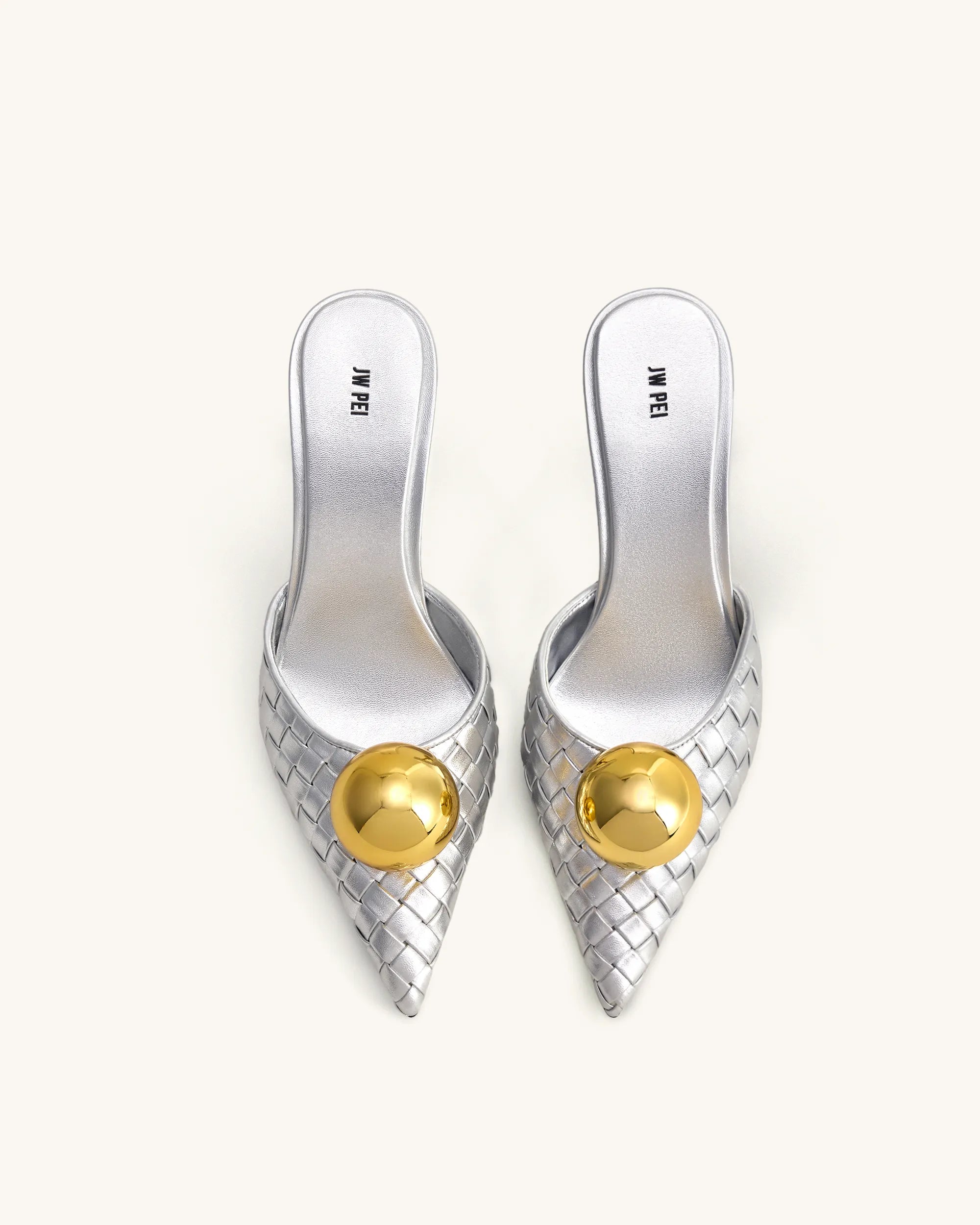 JW PEI Silver &amp; Gold  Sofia Woven Sphere Heel Mules  SKU: 2MS83-9_Silver &amp; Gold Image 01