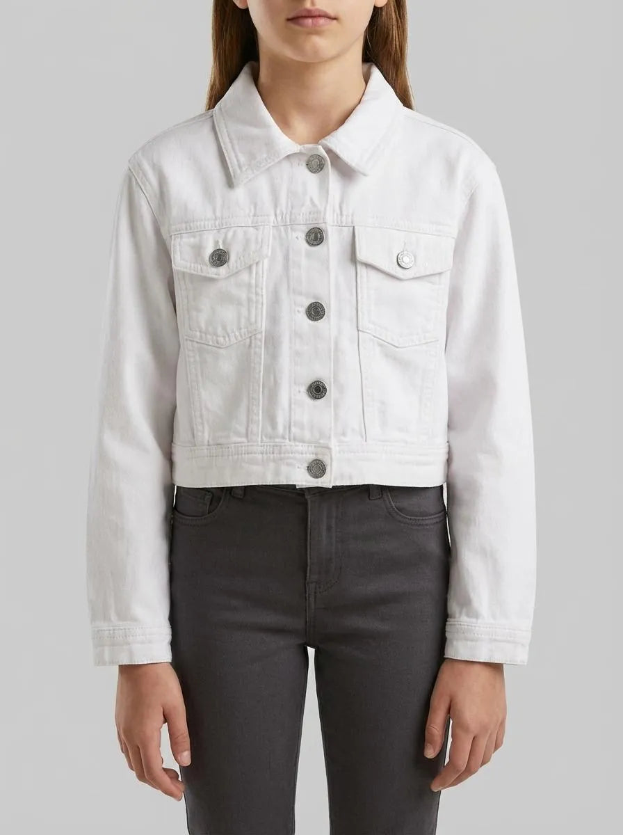 Benetton White Girls Cropped Cotton Jacket SKU: 2PYACN074_701 Image 00