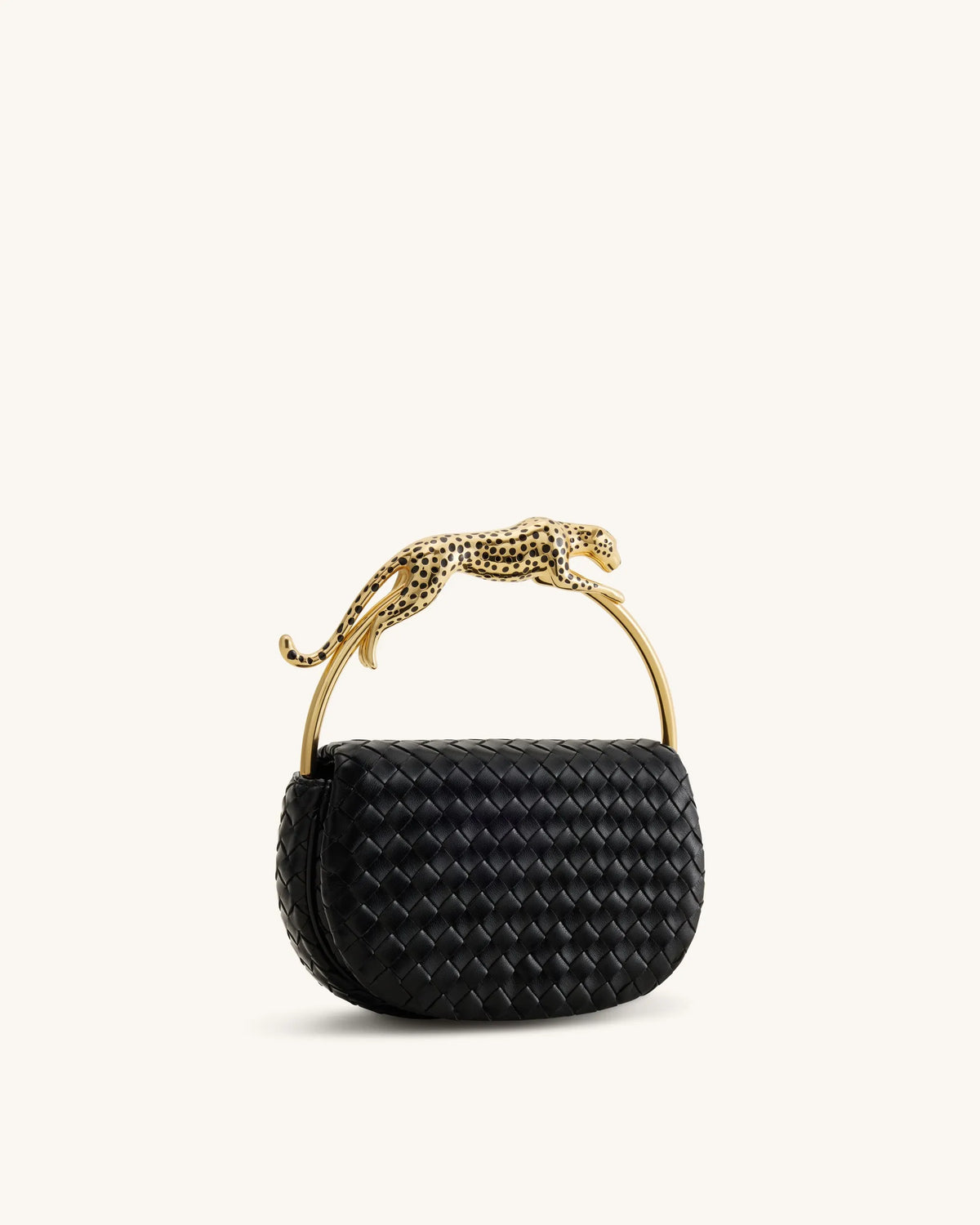 JW Pei Black Women Ione Leopard Shaped Hardware Handle Woven Top Handle Bag SKU: 2T318-1_Black Image 02