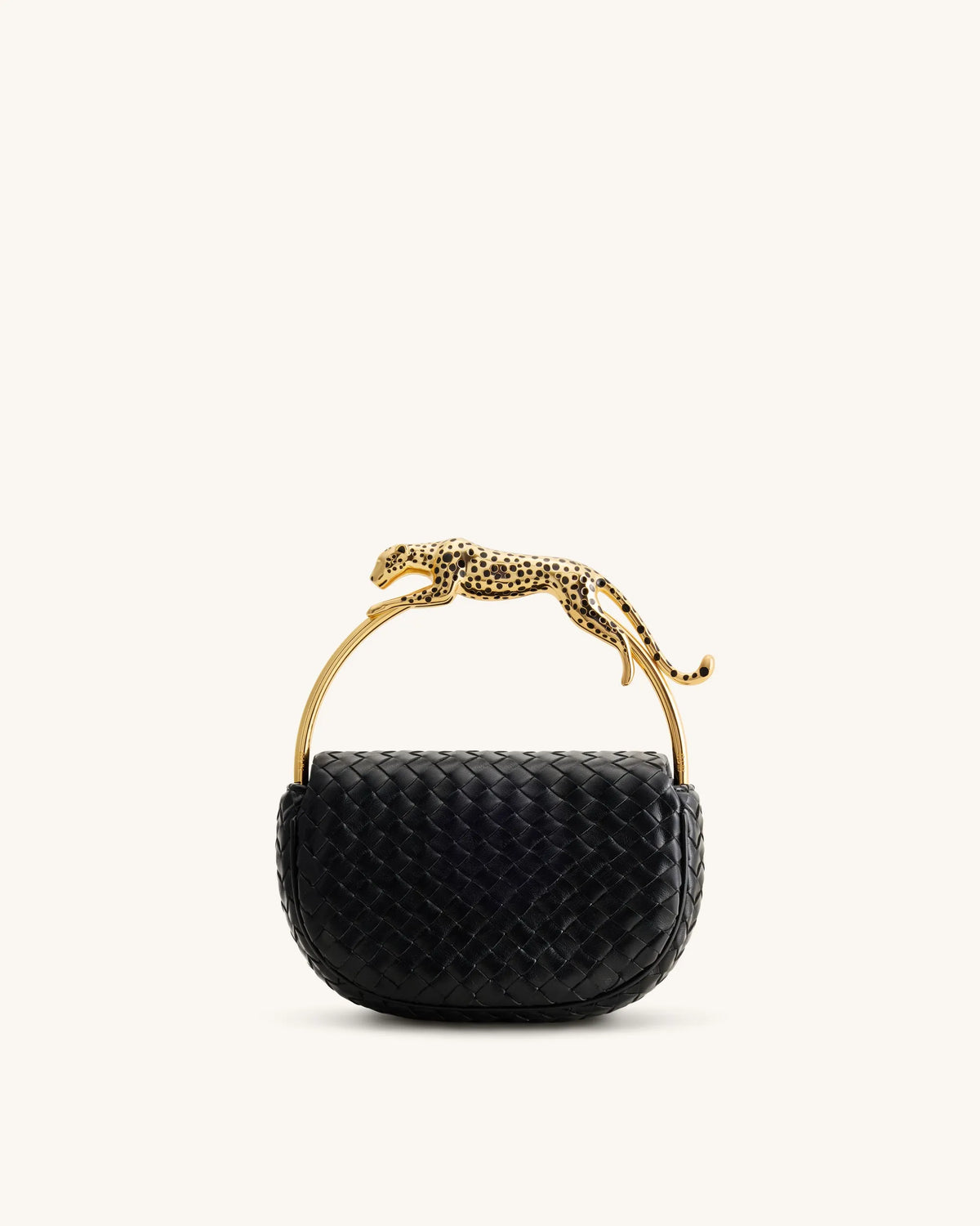 JW Pei Black Women Ione Leopard Shaped Hardware Handle Woven Top Handle Bag SKU: 2T318-1_Black Image 03