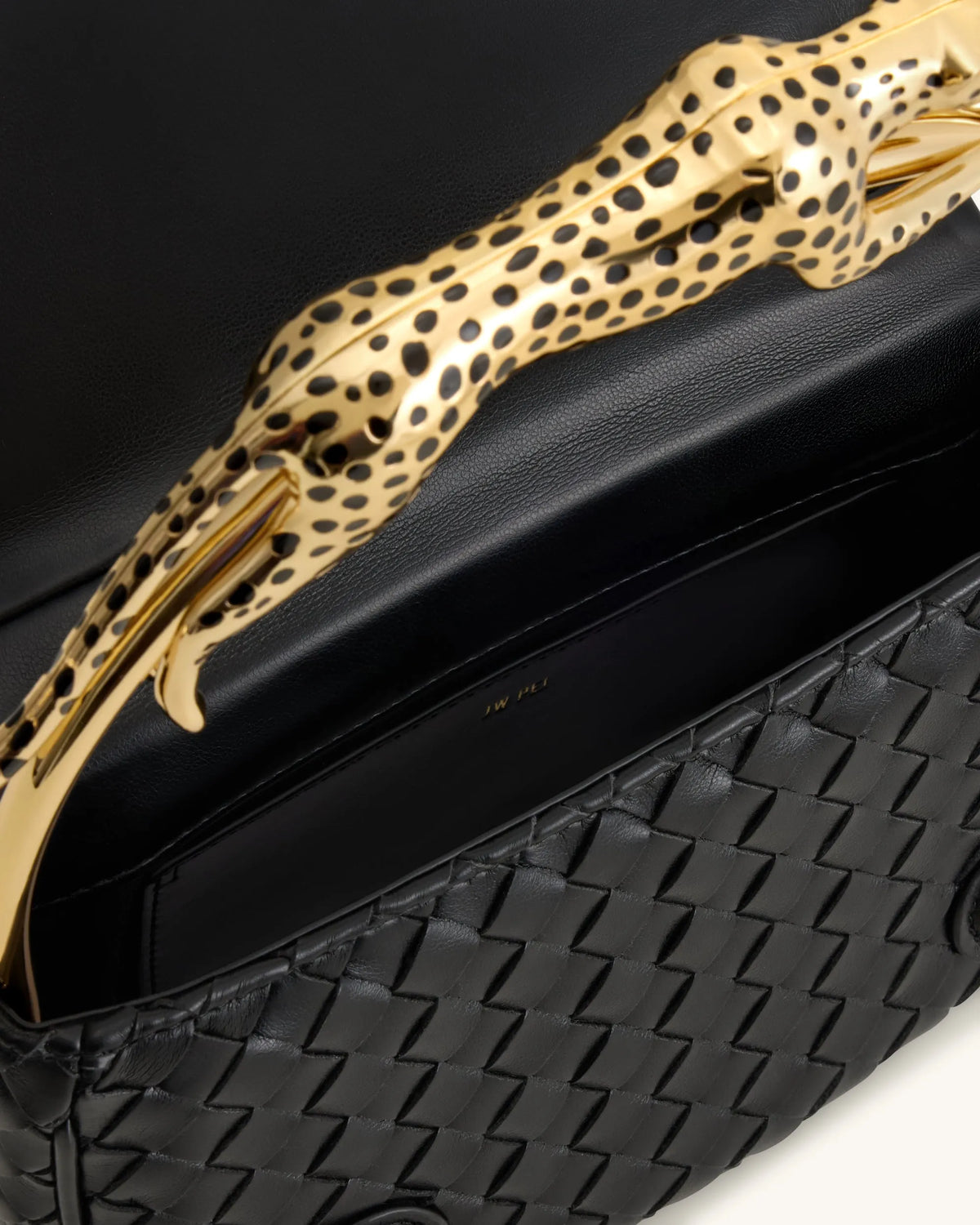 JW Pei Black Women Ione Leopard Shaped Hardware Handle Woven Top Handle Bag SKU: 2T318-1_Black Image 04