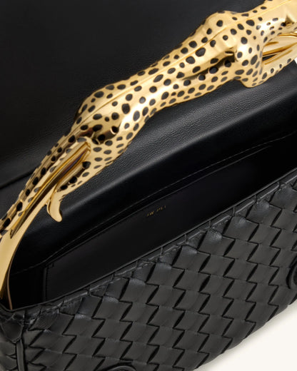 JW Pei Black Women Ione Leopard Shaped Hardware Handle Woven Top Handle Bag SKU: 2T318-1_Black Image 04