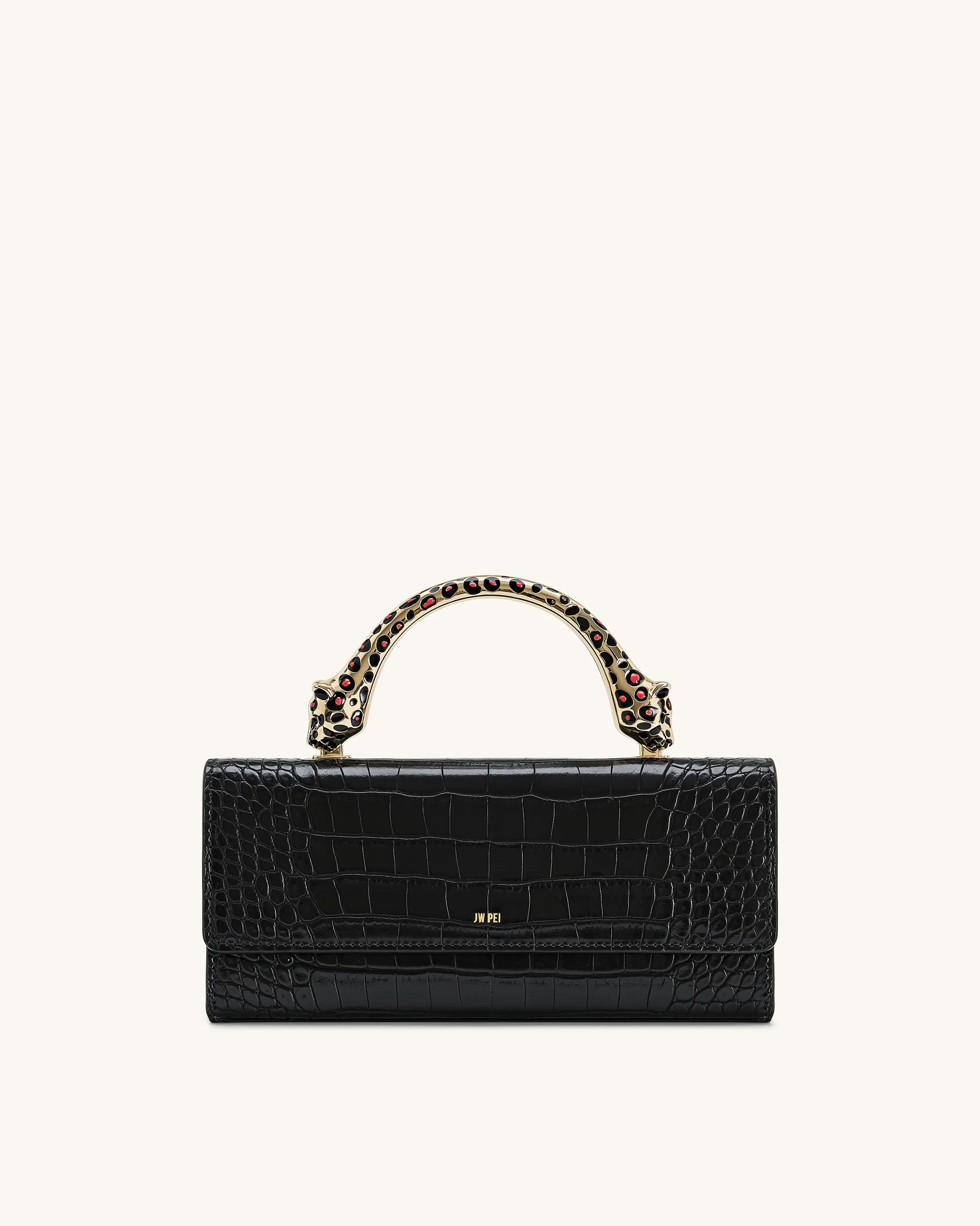JW PEI Black Croc Women Maya Leopard-shaped Hardware Handle Top Handle Bag  SKU: 2T319-1_Black Croc Image 01