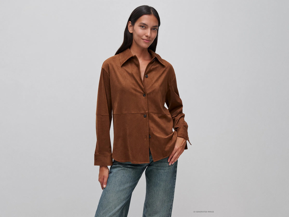 Benetton Brown Women Suede-Effect Shirt Jacket SKU: 2WUHDN0AQ_901 Image 01