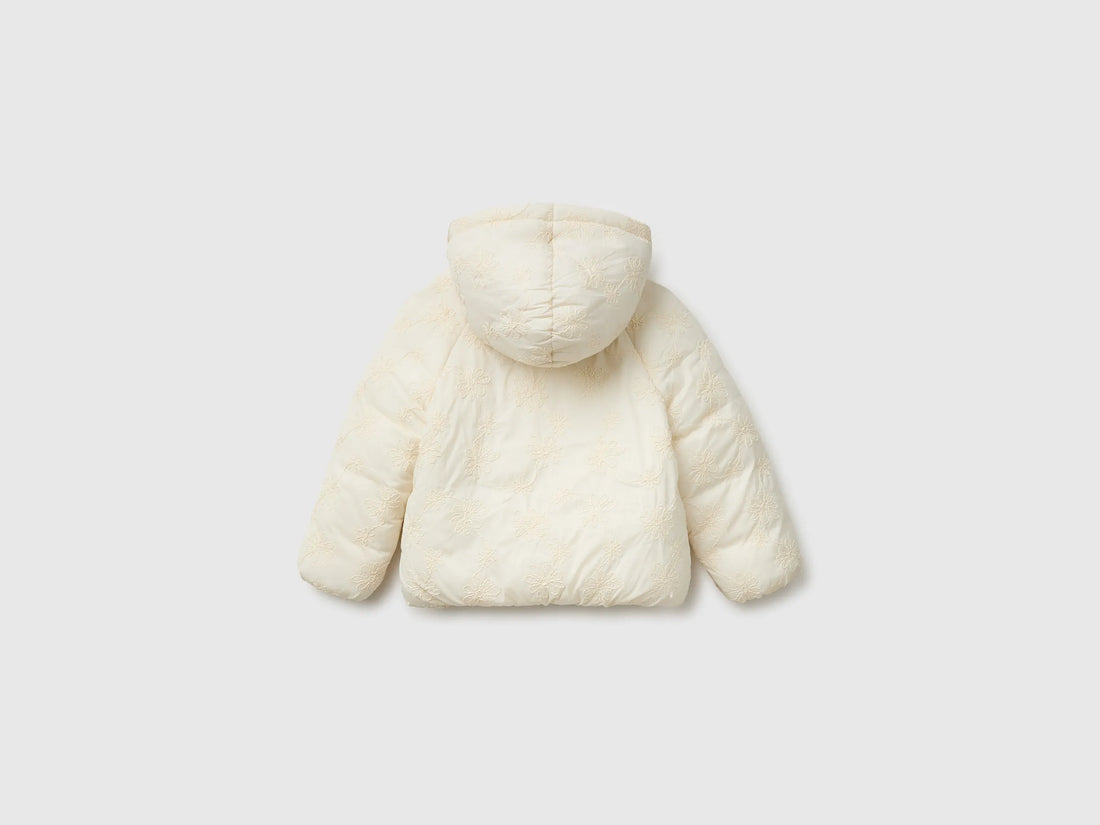 Benetton Creamy White Girls Down Jacket with Floral Embroidery and Hood SKU: 2ZHYGN04U_00V Image 02