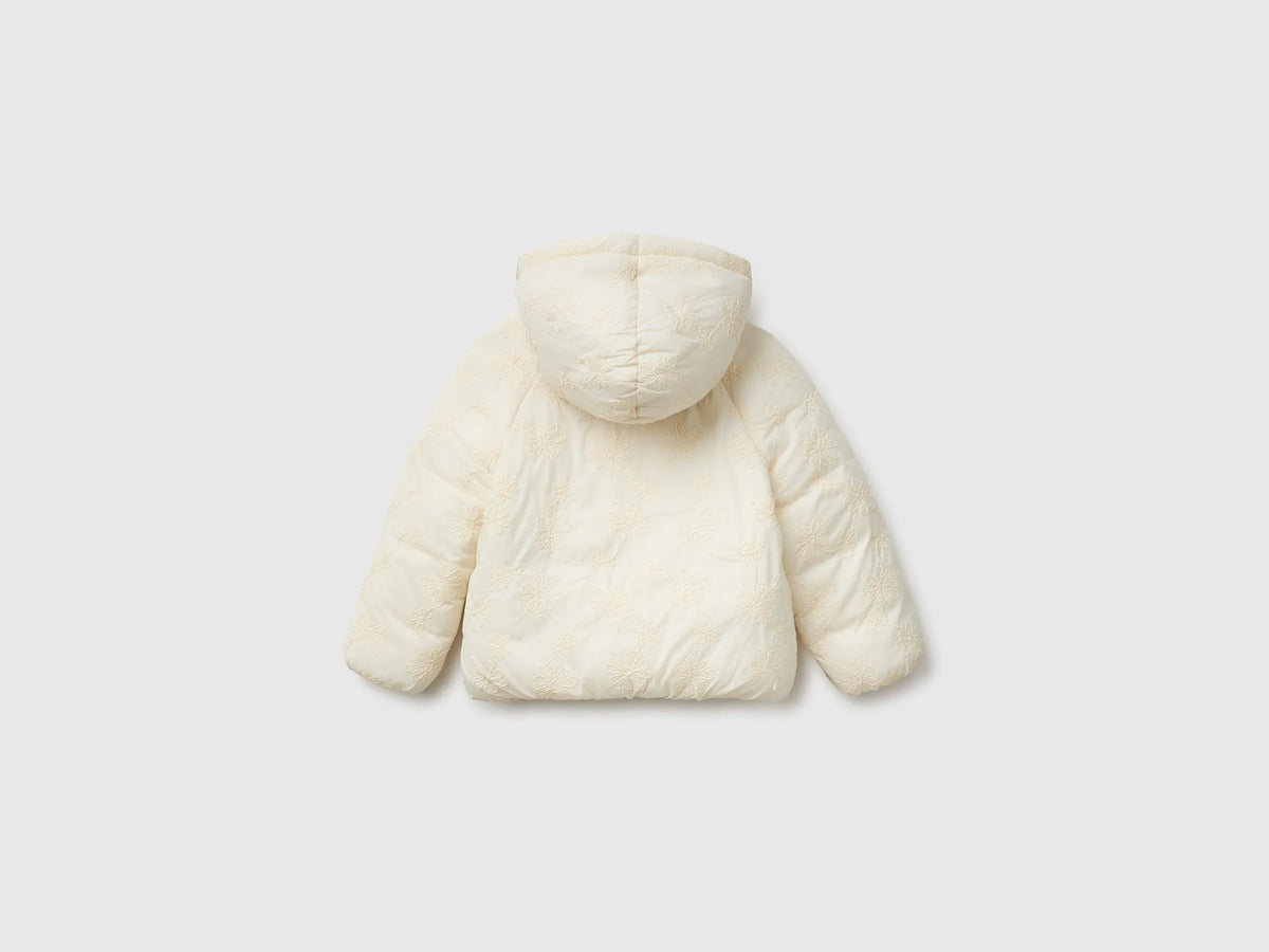 Benetton Creamy White Girls Down Jacket with Floral Embroidery and Hood SKU: 2ZHYGN04U_00V Image 02