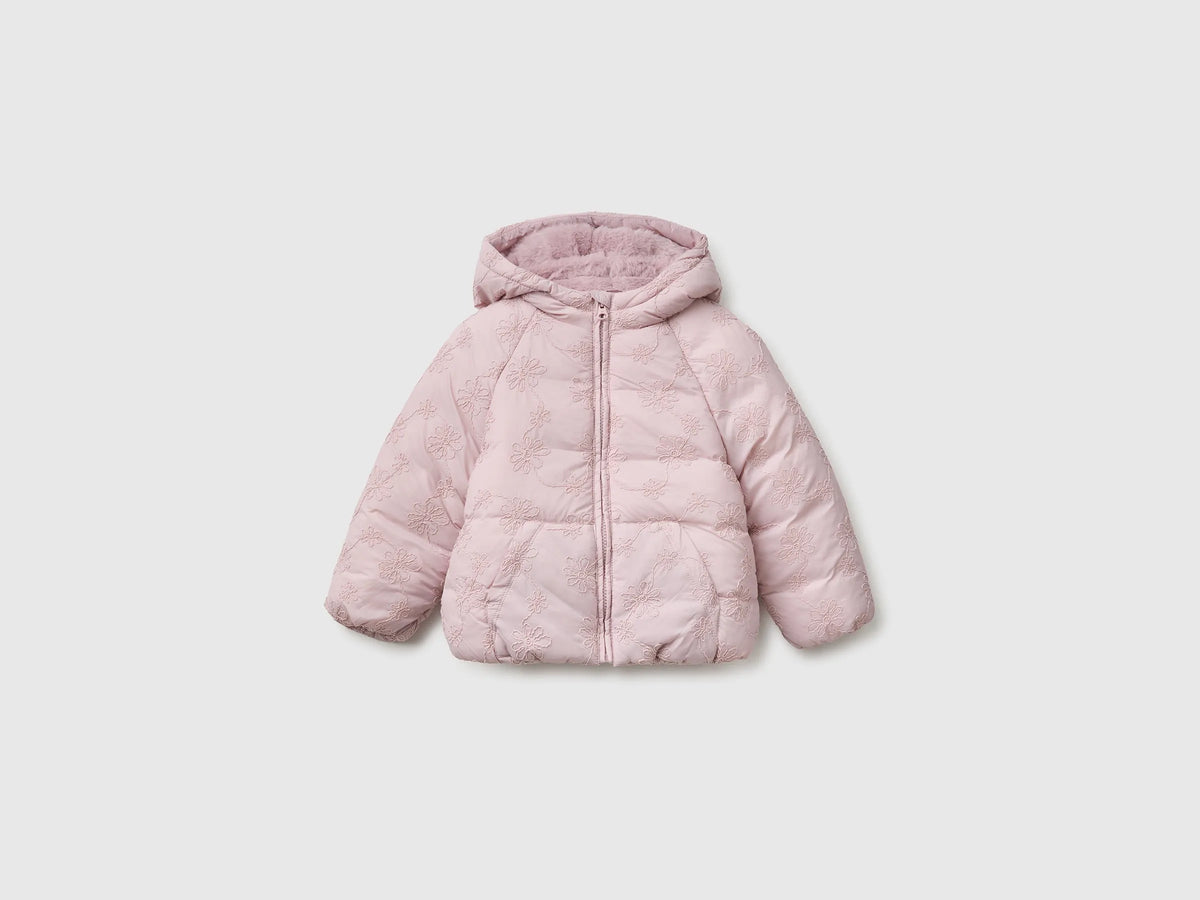 Benetton Pink Girls Down Jacket with Floral Embroidery and Hood SKU: 2ZHYGN04U_197 Image 01