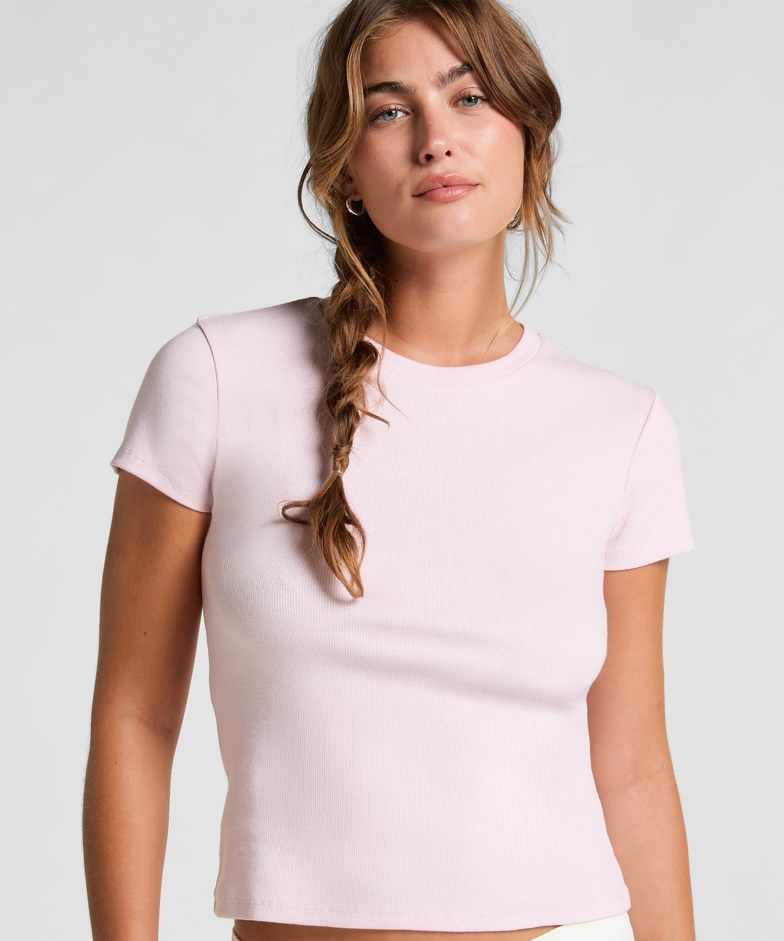 Hunkemoller_Pink_Ribbed Crew Neck Short-Sleeved Pyjama Top_302869_Pink_01