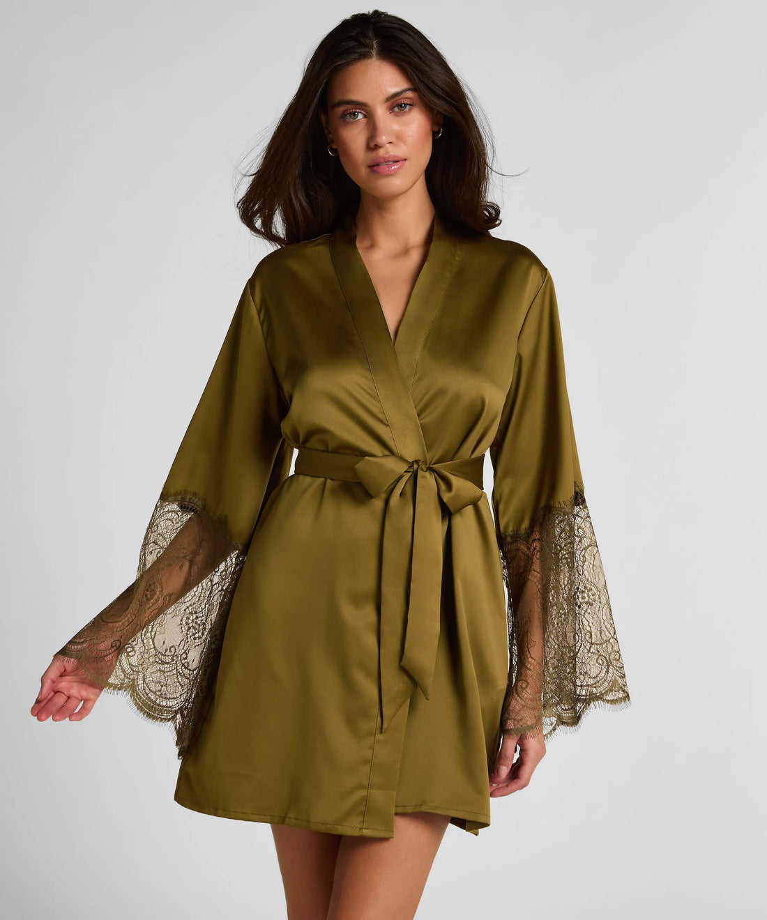Hunkemoller Olive Drab Women Satin Kimono SKU: 304601_Olive Drab Image 01