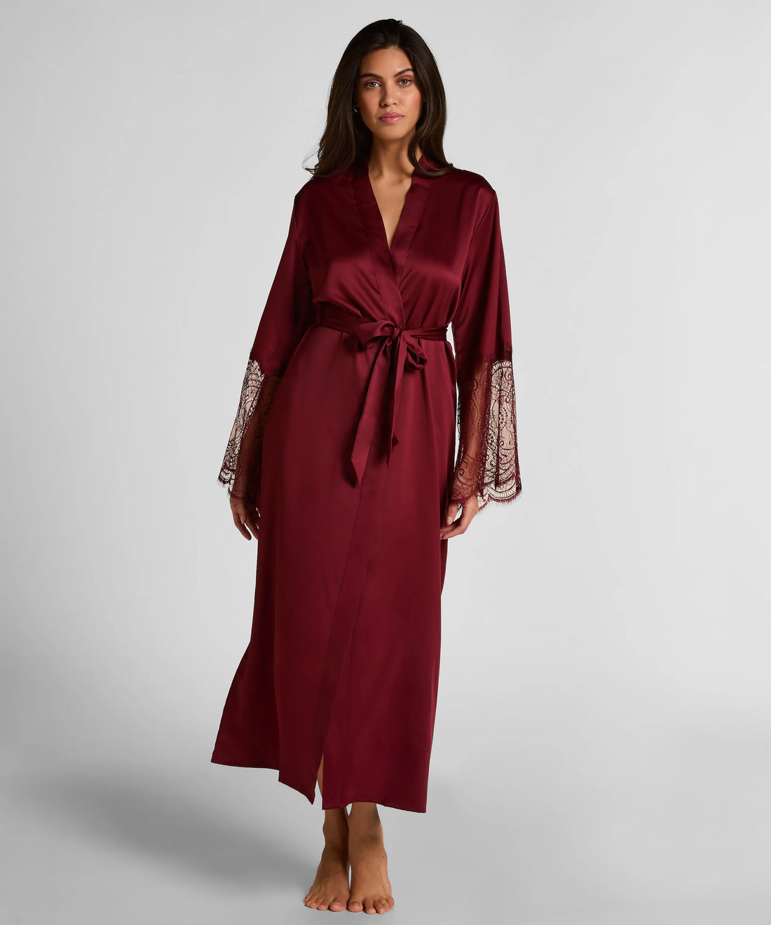 Hunkemoller Cabernet Women Kimono Long Satin Lace SKU: 304606_Cabernet Image 01