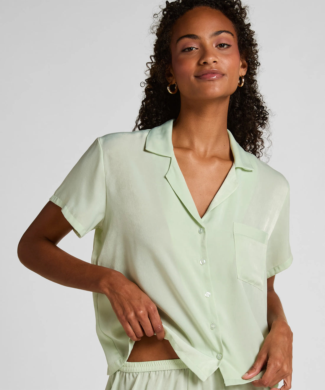 Hunkemoller Sea Foam Women Satin Short-Sleeved Jacket SKU: 304607_Sea Foam Image 01