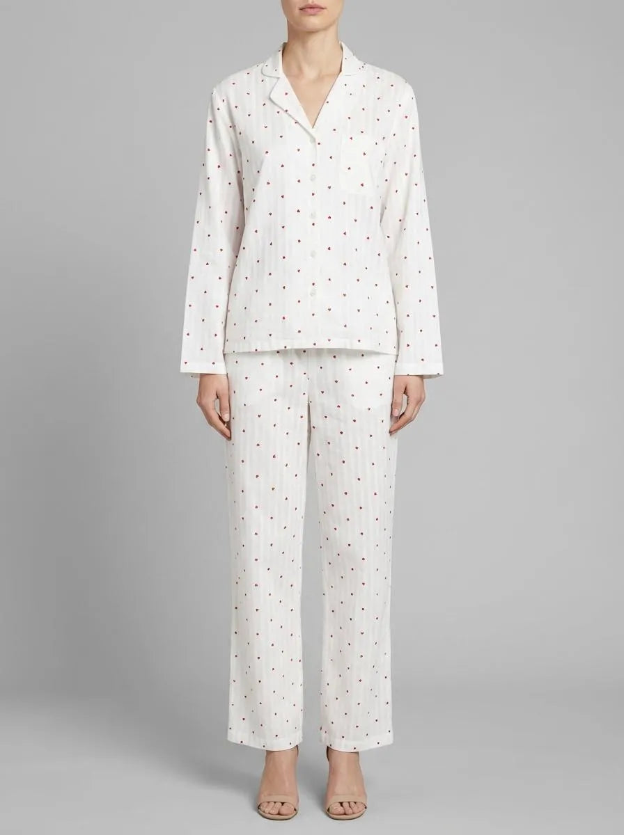 Hunkemoller Gardenia Women Pyjama Set Cotton Hearts SKU: 304621_Gardenia Image 00