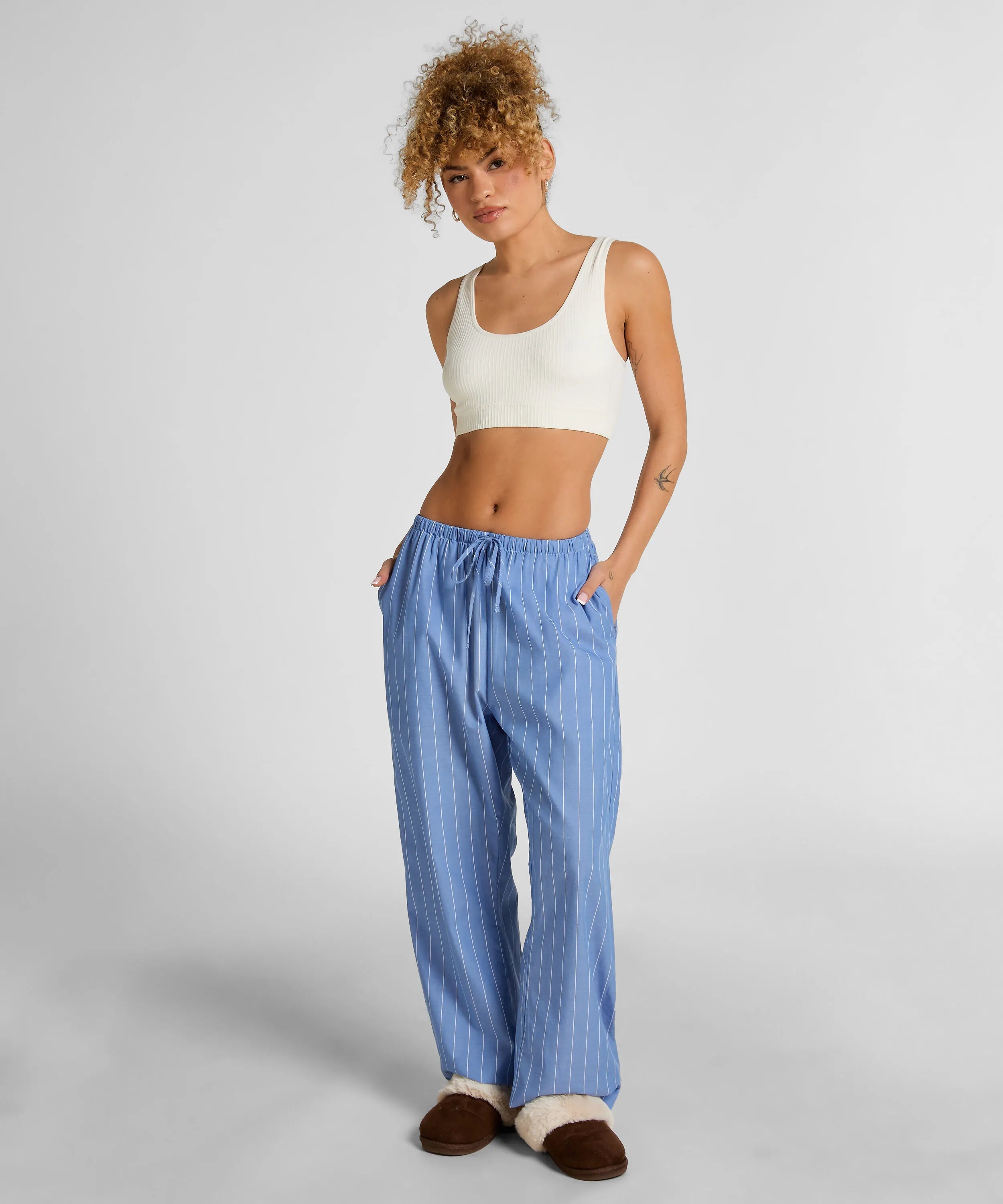 Hunkemoller Blue Women Stripe Cotton Woven Pant SKU: 304655_Blue Image 01