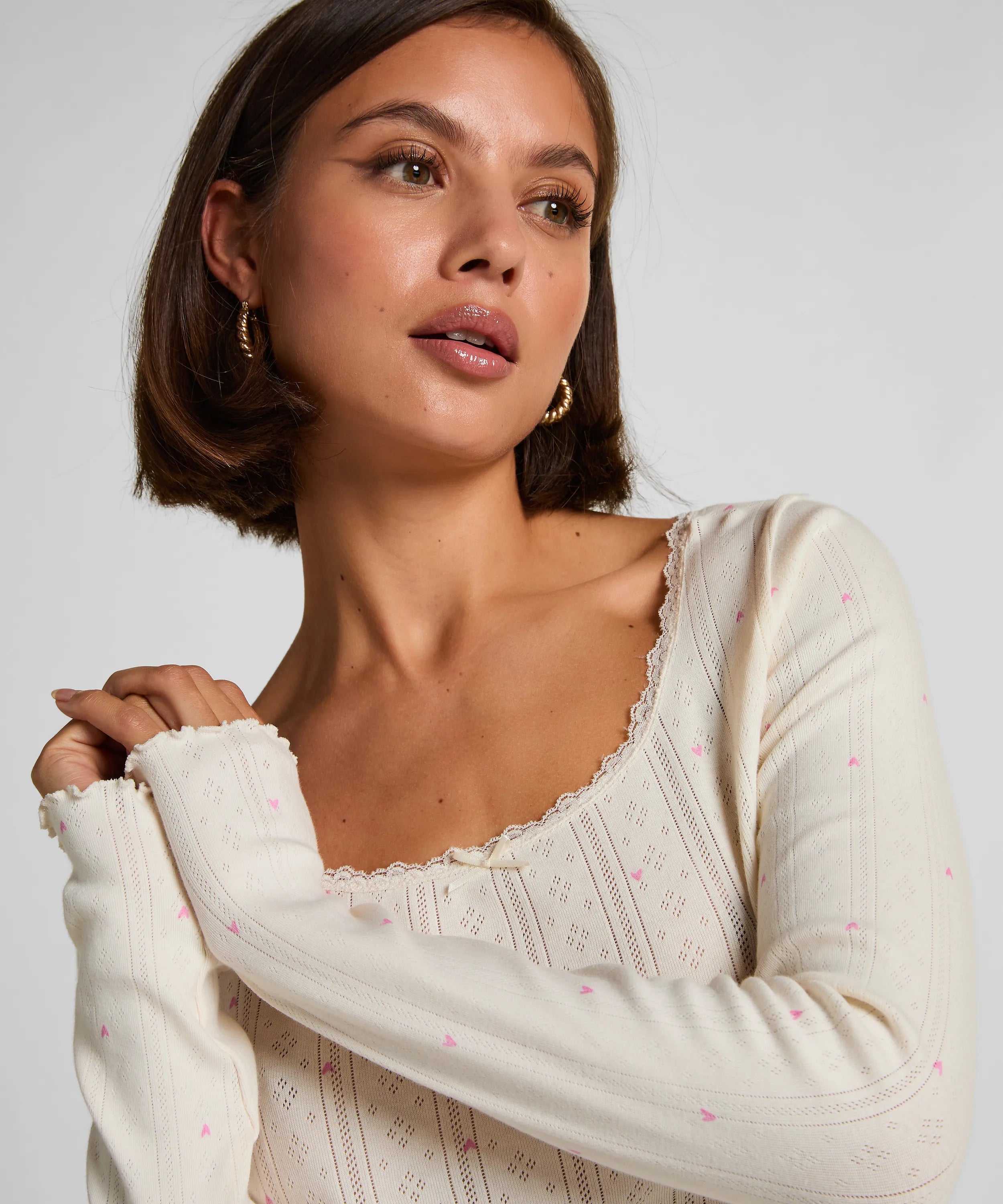 Hunkemoller Gardenia Women Pointelle Pyjama Top SKU: 304672_Gardenia Image 02