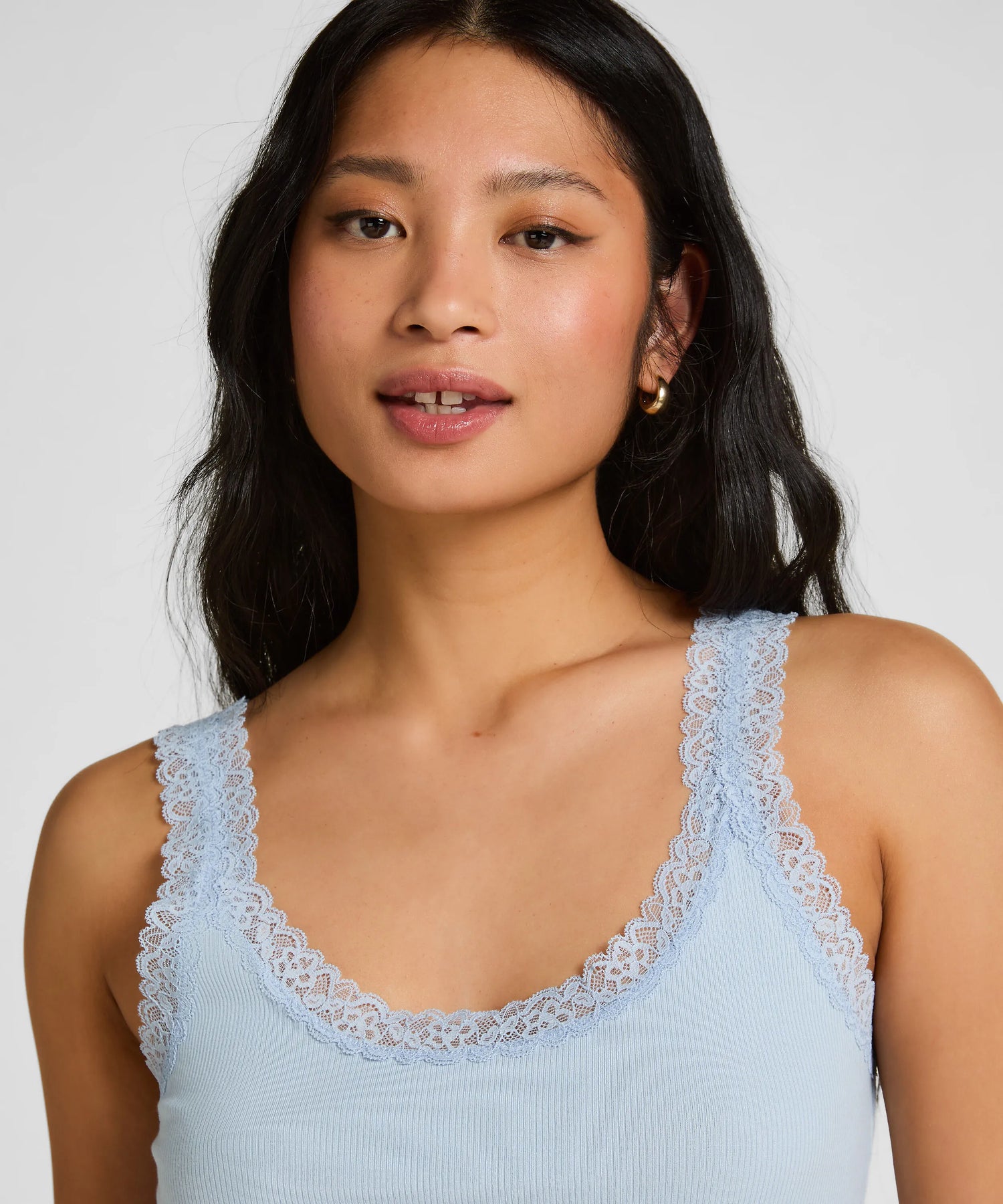 Hunkemoller Blue Women Singlet Rib Jersey Lace SKU: 304698_Blue Image 02