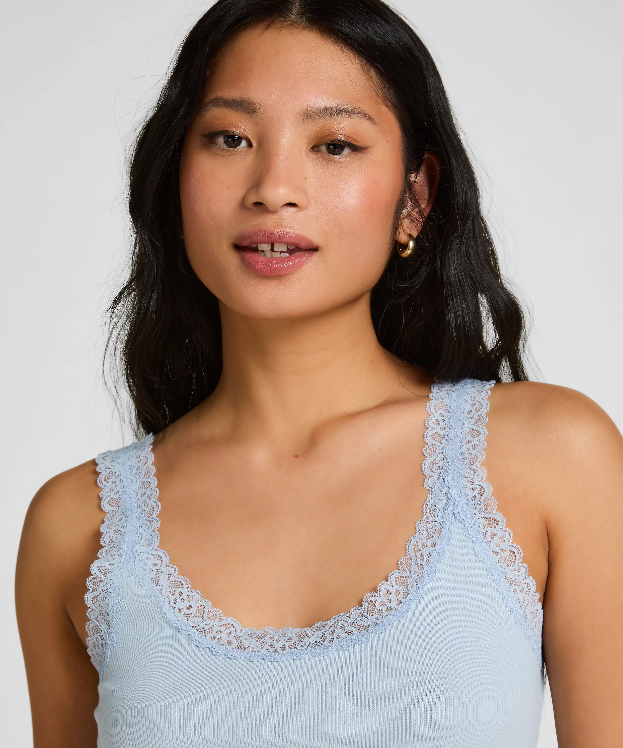 Hunkemoller Blue Women Singlet Rib Jersey Lace SKU: 304698_Blue Image 02