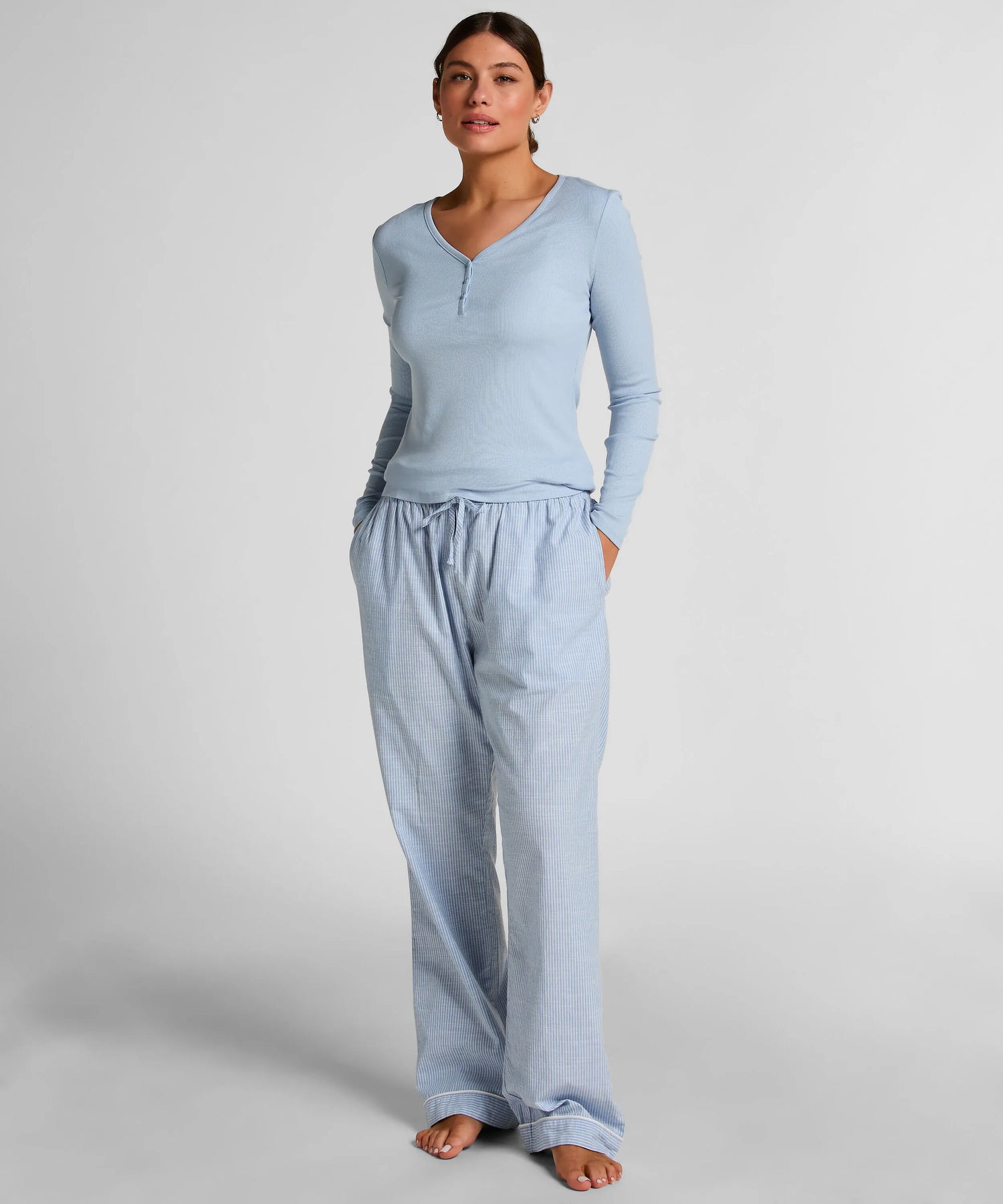 Hunkemoller Blue Women Henley Longsleeved Pyjama Top SKU: 304717_Blue Image 03