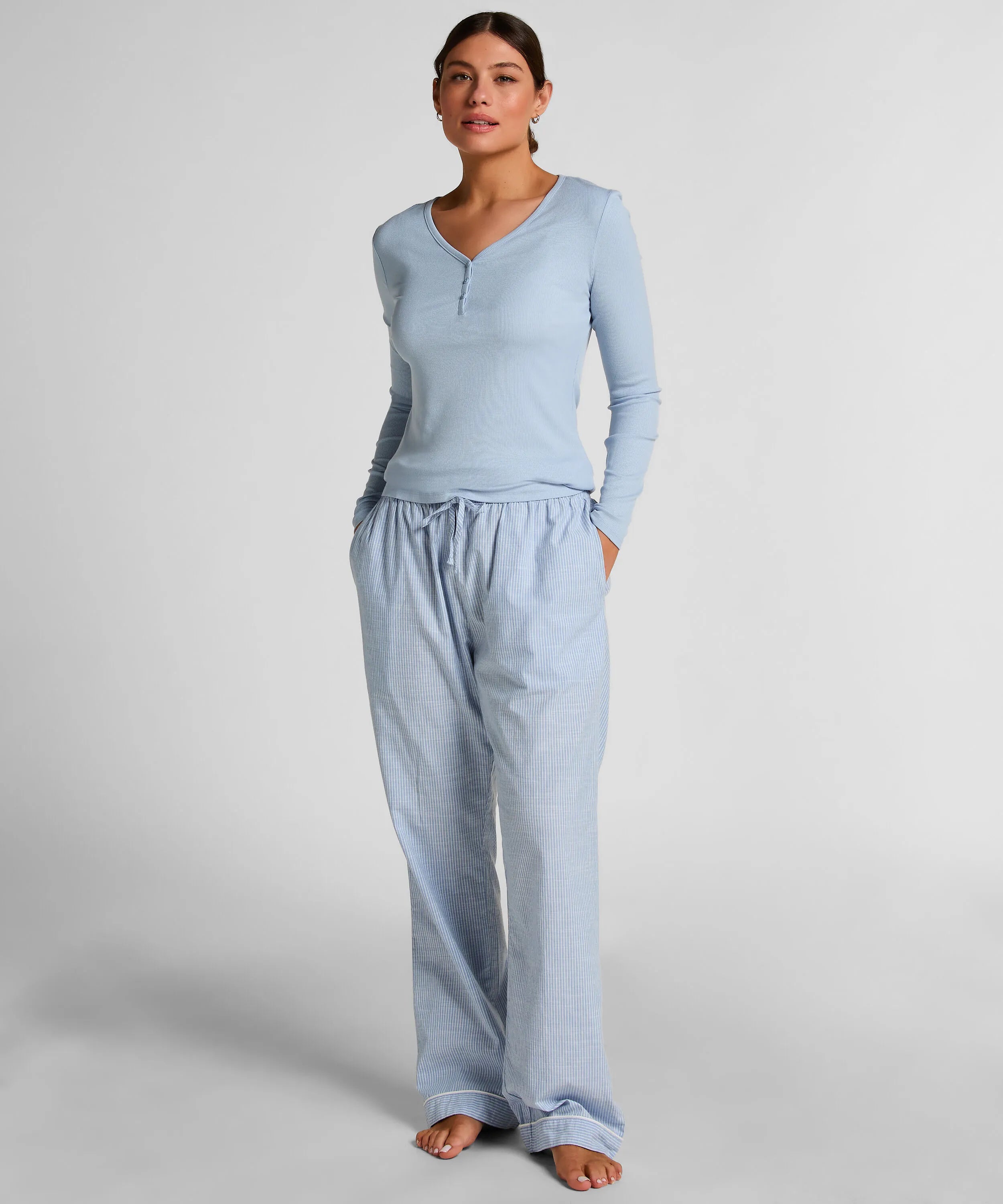Hunkemoller Blue Women Henley Longsleeved Pyjama Top SKU: 304717_Blue Image 03