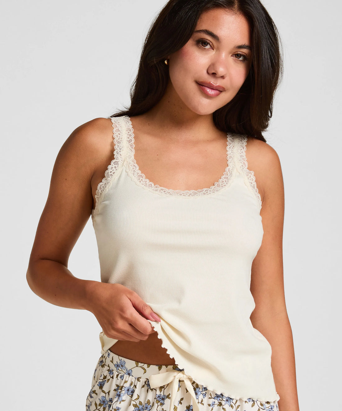 Hunkemoller Winter White Women Singlet Rib Jersey Lace SKU: 306139_Winter White Image 01
