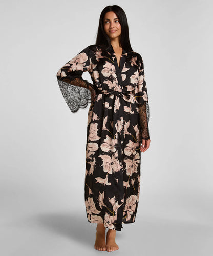 Hunkemoller Caviar Women Kimono Long Satin Lace SKU: 306182_Caviar Image 01
