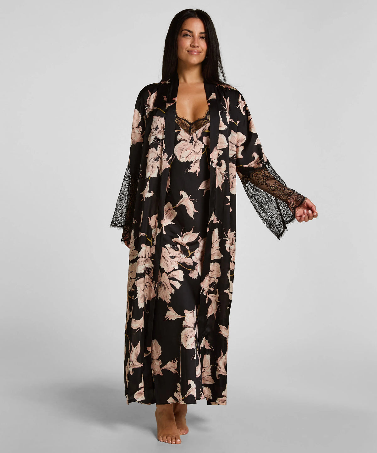 Hunkemoller Caviar Women Kimono Long Satin Lace SKU: 306182_Caviar Image 03