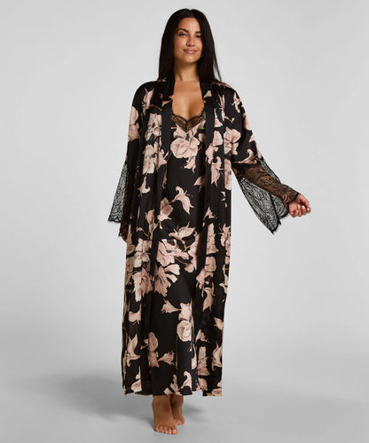 Hunkemoller Caviar Women Kimono Long Satin Lace SKU: 306182_Caviar Image 03