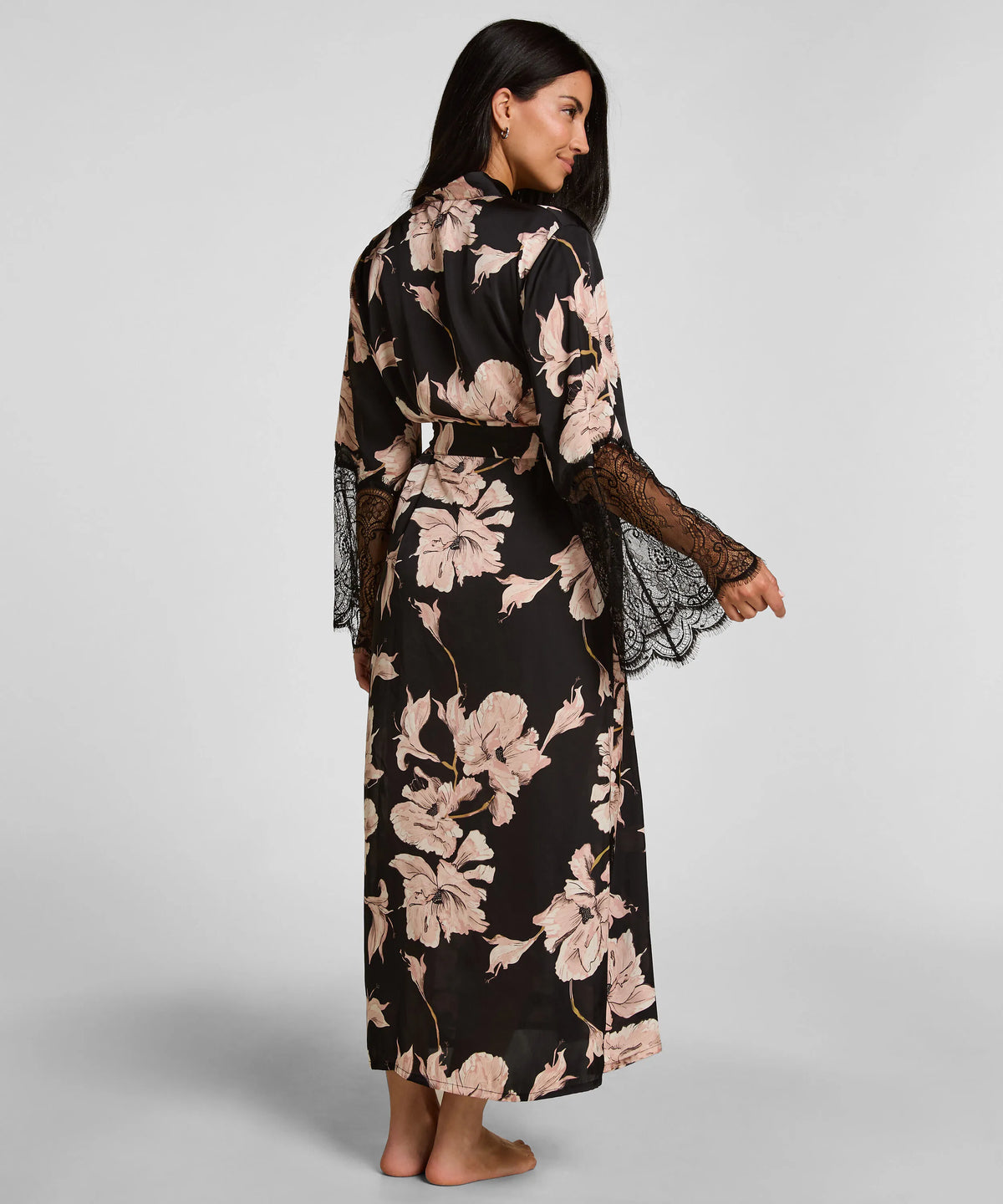 Hunkemoller Caviar Women Kimono Long Satin Lace SKU: 306182_Caviar Image 04