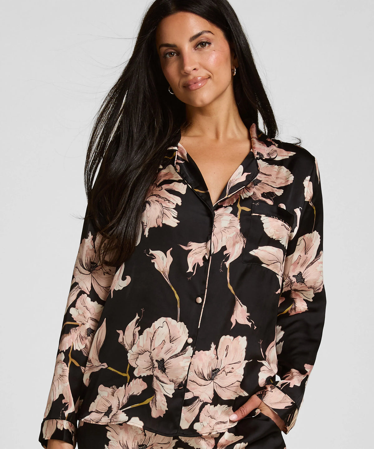 Hunkemoller Caviar Women Satin Jacket Flower SKU: 306184_Caviar Image 01