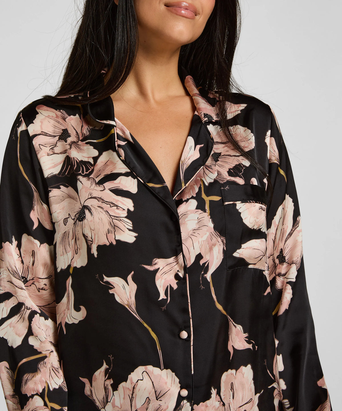 Hunkemoller Caviar Women Satin Jacket Flower SKU: 306184_Caviar Image 02