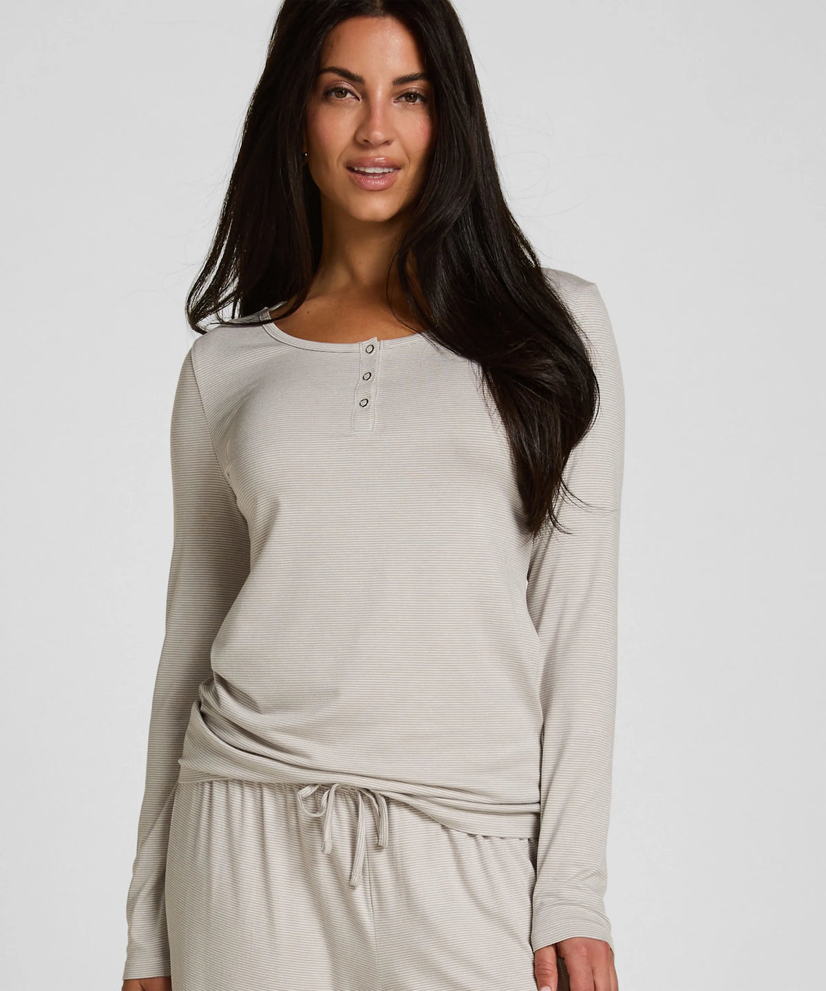 Hunkemoller Vapor Blue Women Pyjama Set Striped Henley SKU: 306215_Vapor Blue Image 01