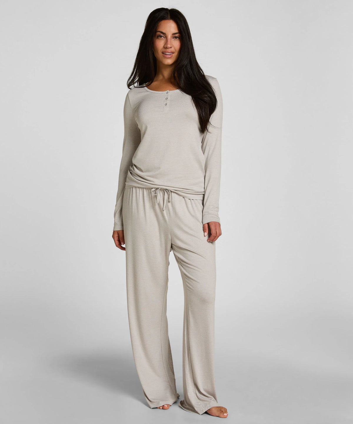 Hunkemoller Vapor Blue Women Pyjama Set Striped Henley SKU: 306215_Vapor Blue Image 03