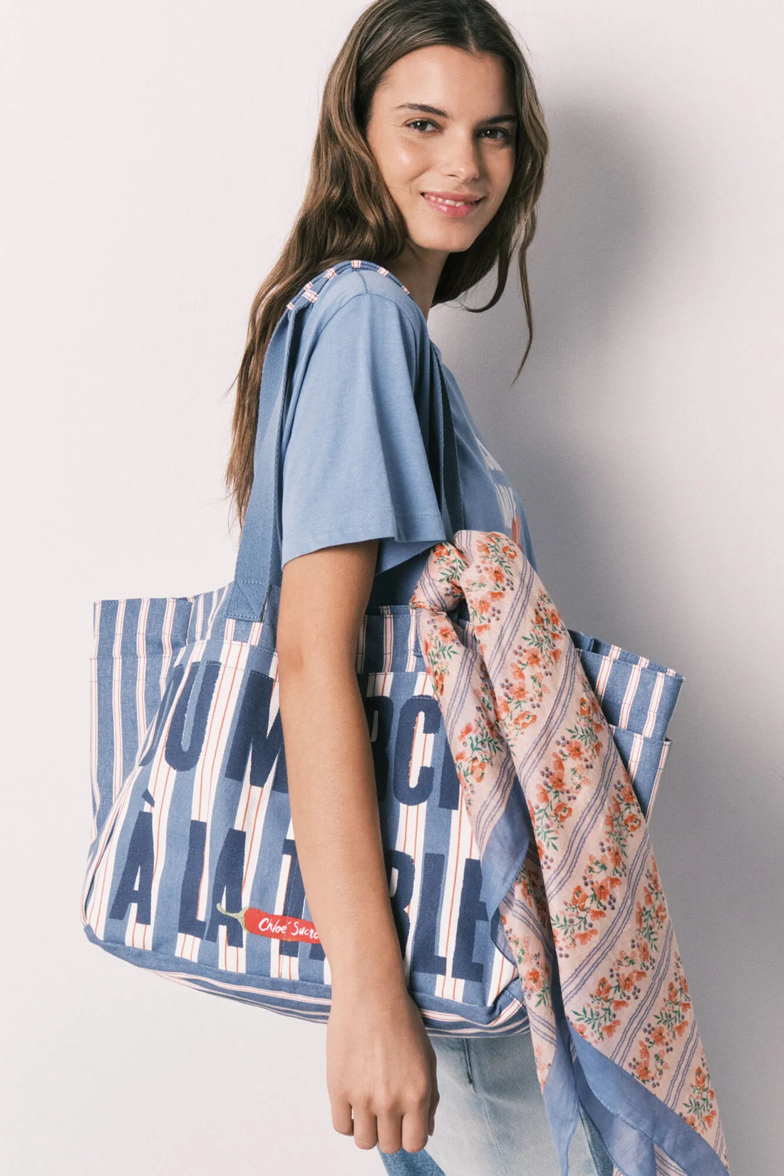 Women Secret Light Blue Women Striped Cotton Shopper Bag SKU: 3063296_16 Image 01
