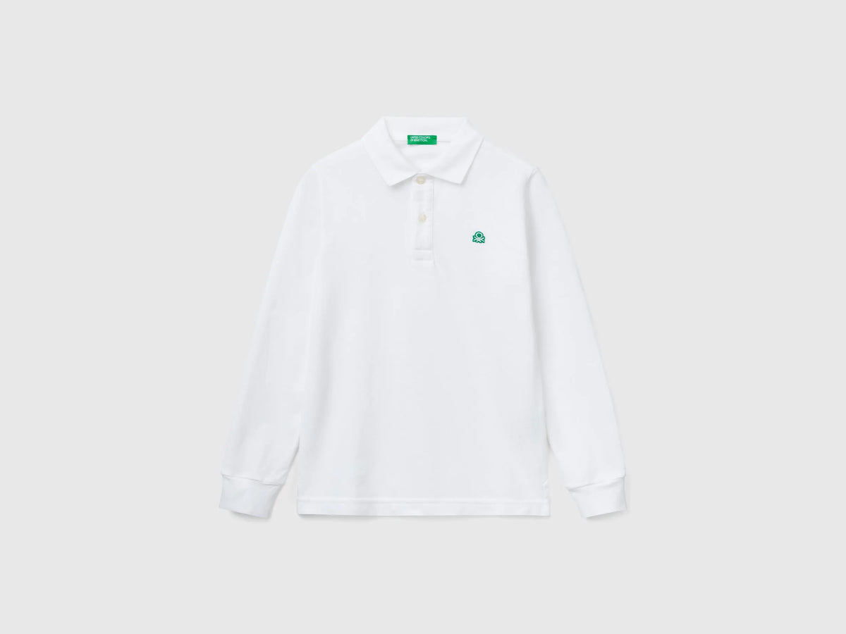 Benetton White Boys Long Sleeve Polo in Cotton SKU: 3089C300Z_101 Image 01