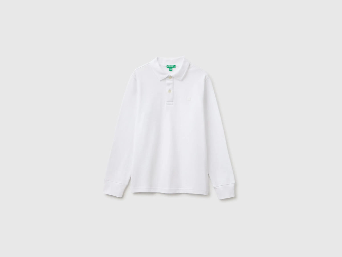 Benetton White Boys Long-Sleeved Polo Shirt in Organic Cotton SKU: 3089C302E_101 Image 01